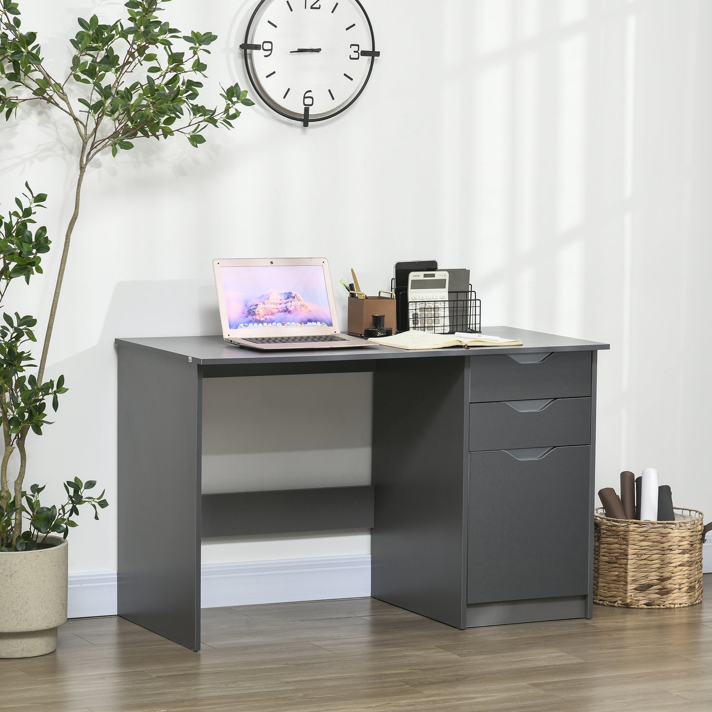 Computer Desk with Drawers, High Gloss Home Office Desk with Storage Cabinet, Study Workstation, 120 x 60cm, Grey, HOMCOM, 2