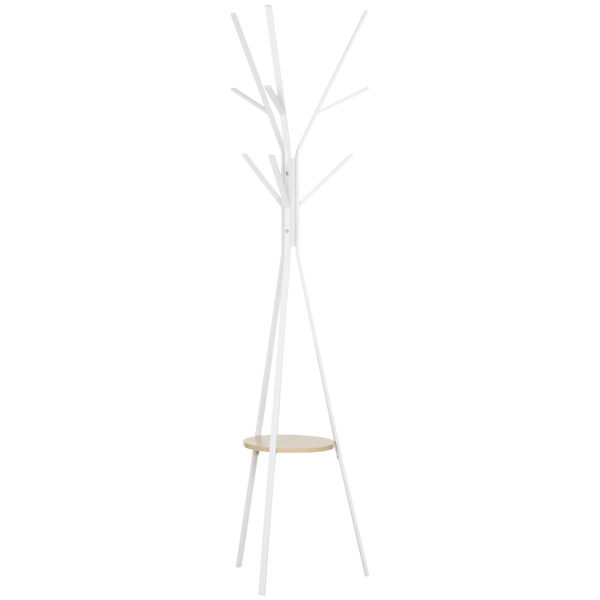 Freestanding Metal Coat Rack Stand 9 Hooks Clothes Tree with 1 Shelf Hat Display Hall Tree Hanger Bag Umbrella Hanging Organiser White, HOMCOM, 1