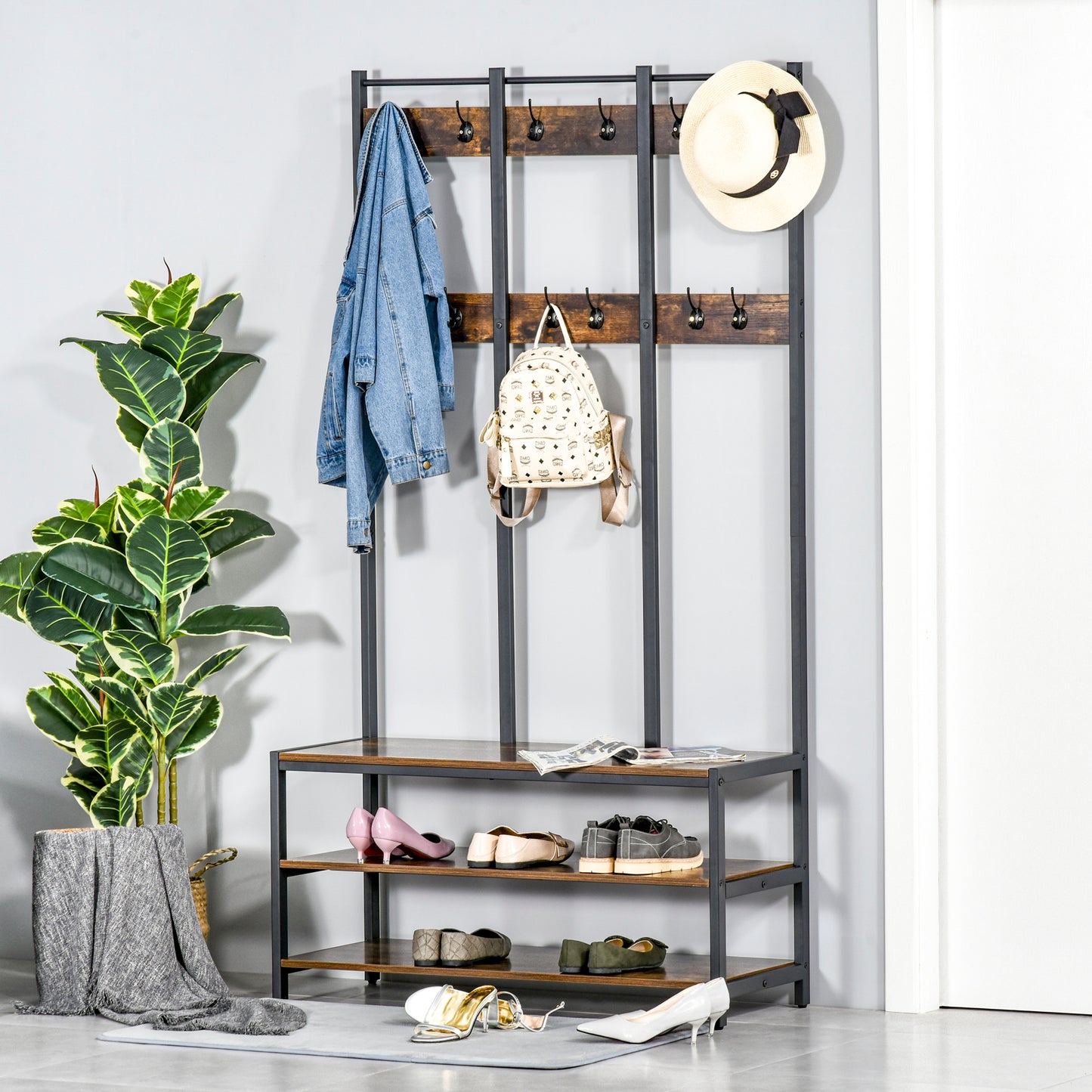 Coat Rack Stand, Free Standing Hall Tree, Coat Stand with Hooks, Bench and Shoe Rack, 100cm x 40cm x 184cm, Industrial Style, Rustic Brown and Black, HOMCOM, 9