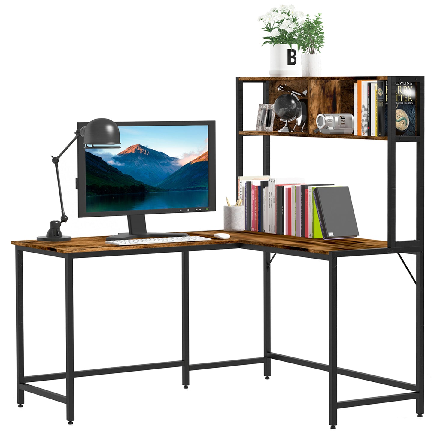 Reversible L Shaped Desk with Hutch, Industrial Computer Desk, Corner Desk with Storage Compartments and Steel Frame for Home Office, Study, 140 x 125cm, Brown, HOMCOM, 1