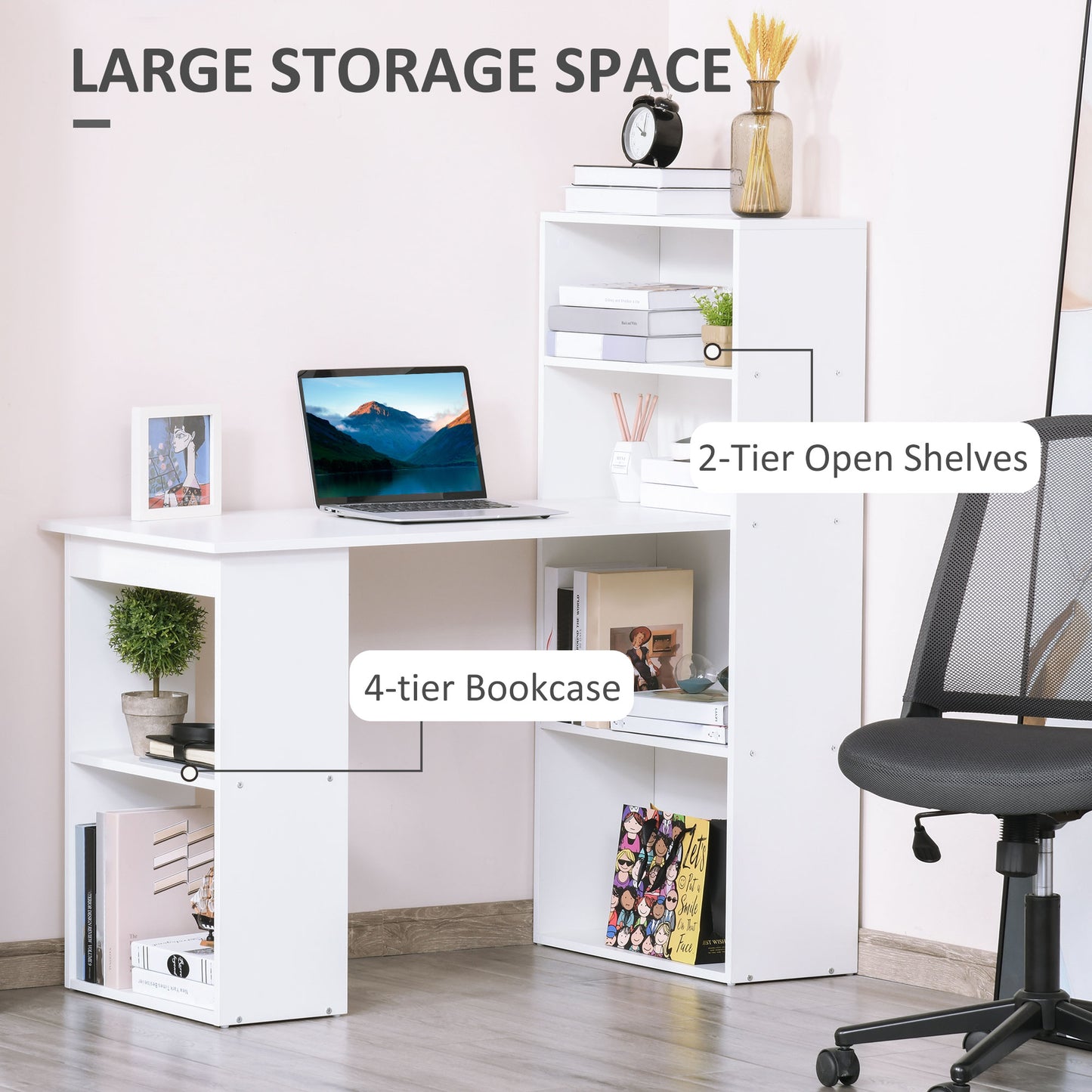 120cm Modern Computer Desk Bookshelf Study Table Workstation PC Laptop Writing Home Office 6 Shelves White, HOMCOM, 5
