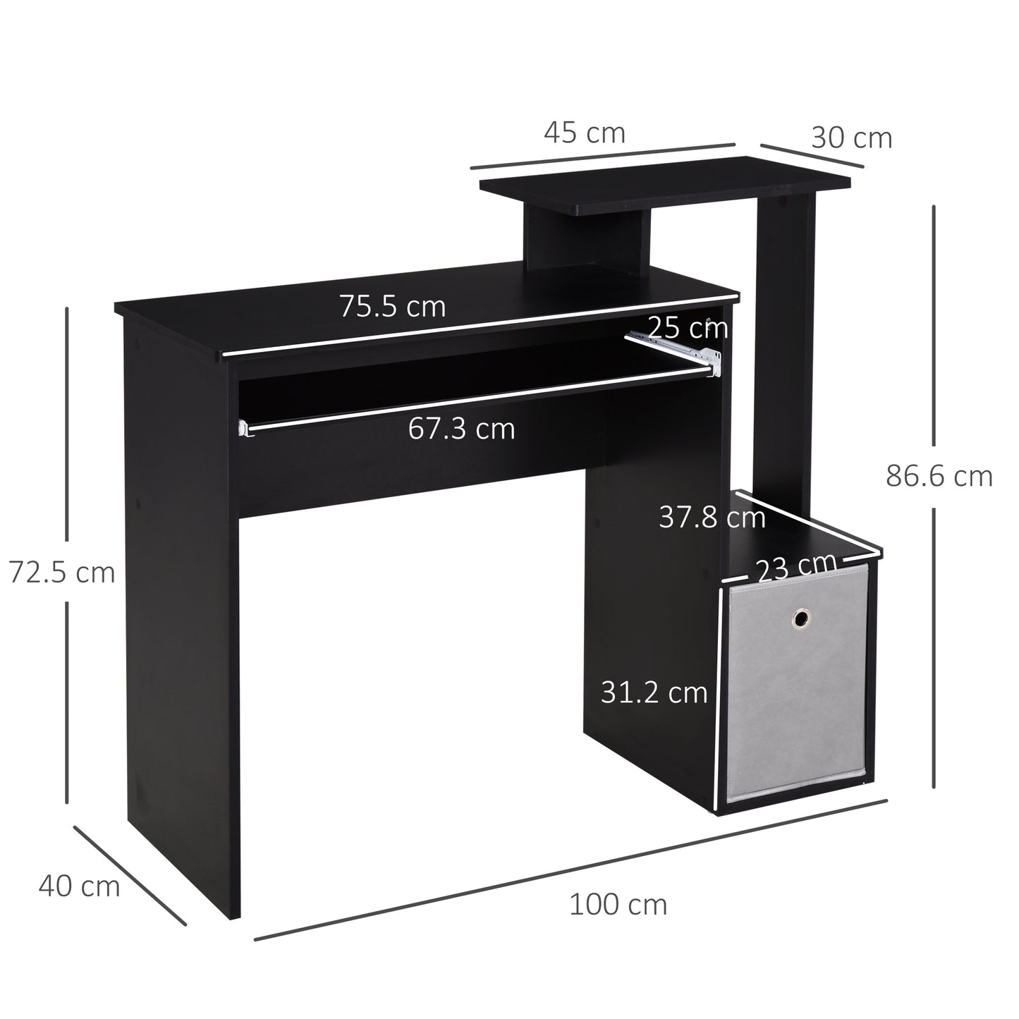 Computer Desk with Sliding Keyboard Tray Storage Drawer Shelf Home Office Workstation Black, HOMCOM, 3