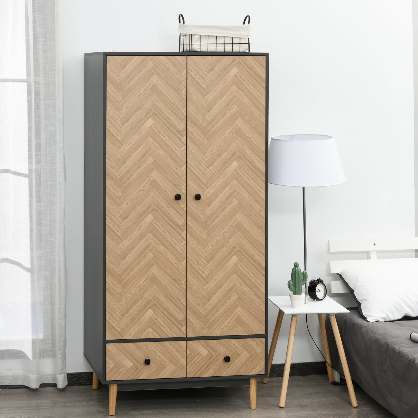 Modern Wardrobe Cabinet Wood Grain Sticker Surface with Shelf, Hanging Rod and 2 Drawers 90x50x190cm, HOMCOM, 2