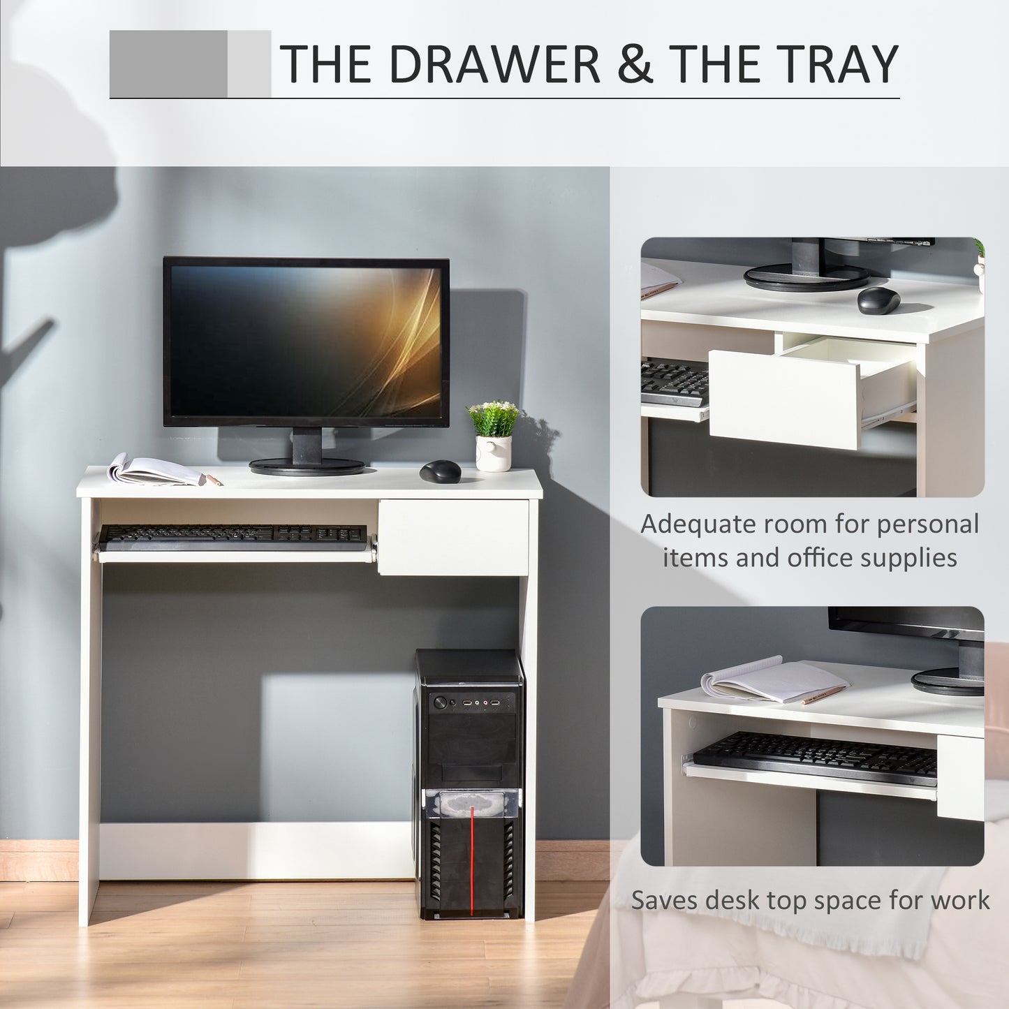 Compact Computer Table with Keyboard Tray Drawer Study Office Working Writing Desk, White, HOMCOM, 4