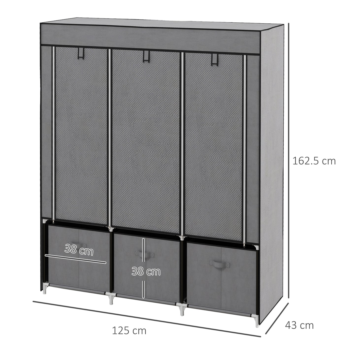 Fabric Wardrobe for Bedroom, Portable Wardrobe with 5 Shelves, 2 Hanging Rails and 3 Fabric Drawers, Foldable Closet, 125 x 43 x 162.5cm, Dark Grey, HOMCOM, 3