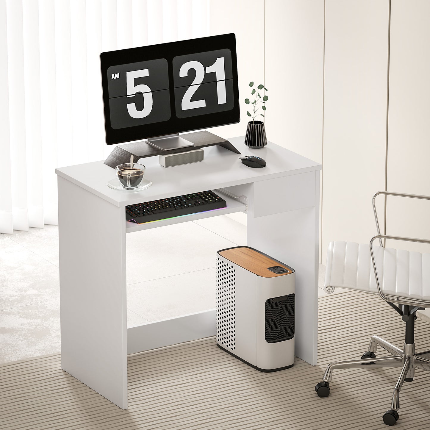 Compact Computer Table with Keyboard Tray Drawer Study Office Working Writing Desk, White, HOMCOM, 2