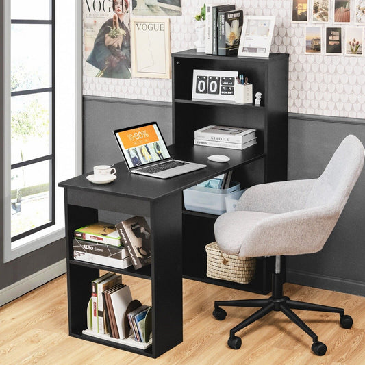 Modern 3-in-1 Wooden Computer Desk with 6-Tier Storage Bookshelves-Black, Costway, 2