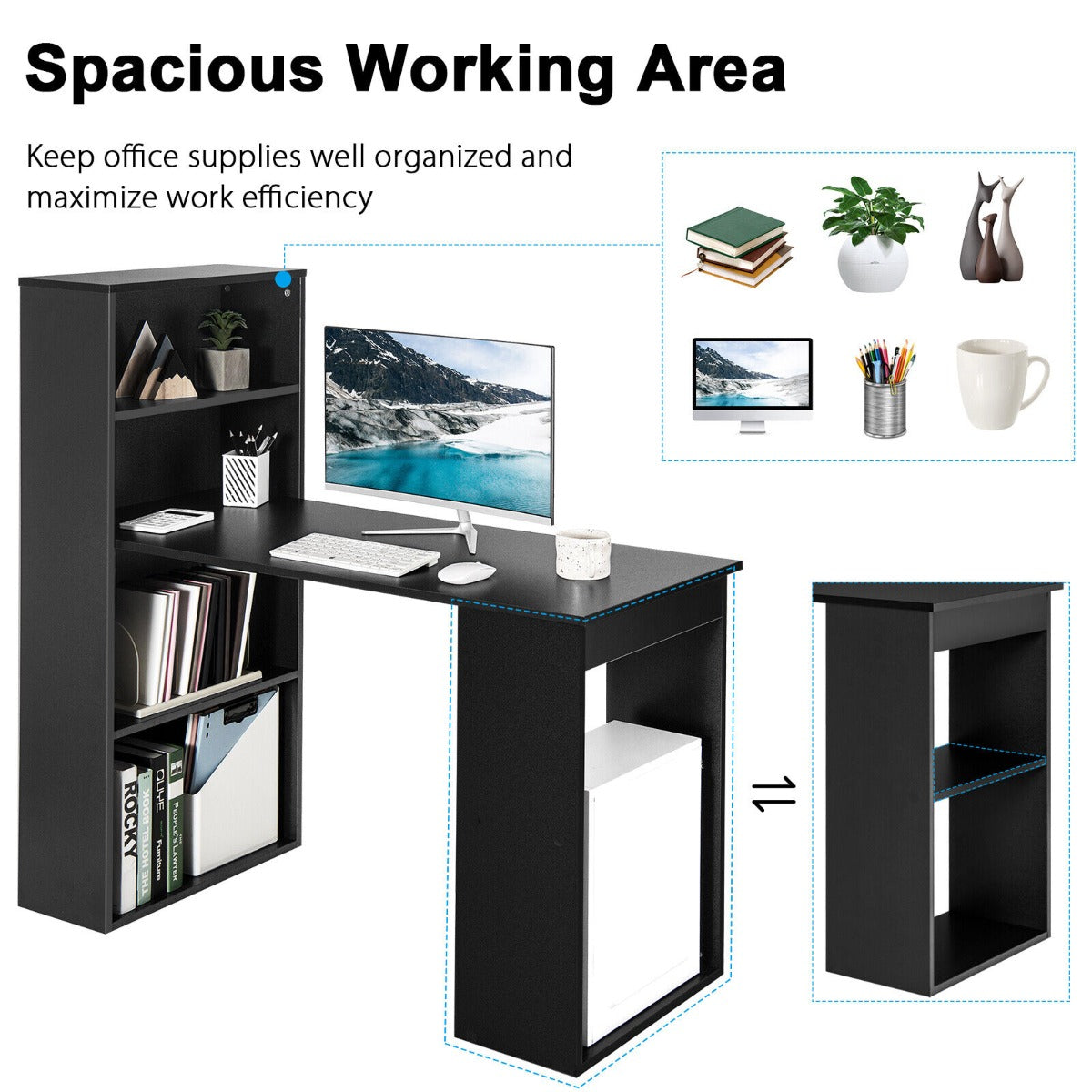 Modern 3-in-1 Wooden Computer Desk with 6-Tier Storage Bookshelves-Black, Costway, 6
