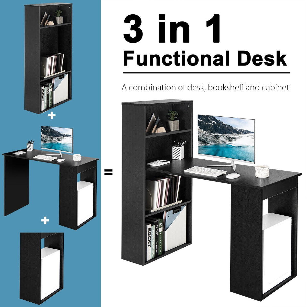 Modern 3-in-1 Wooden Computer Desk with 6-Tier Storage Bookshelves-Black, Costway, 5