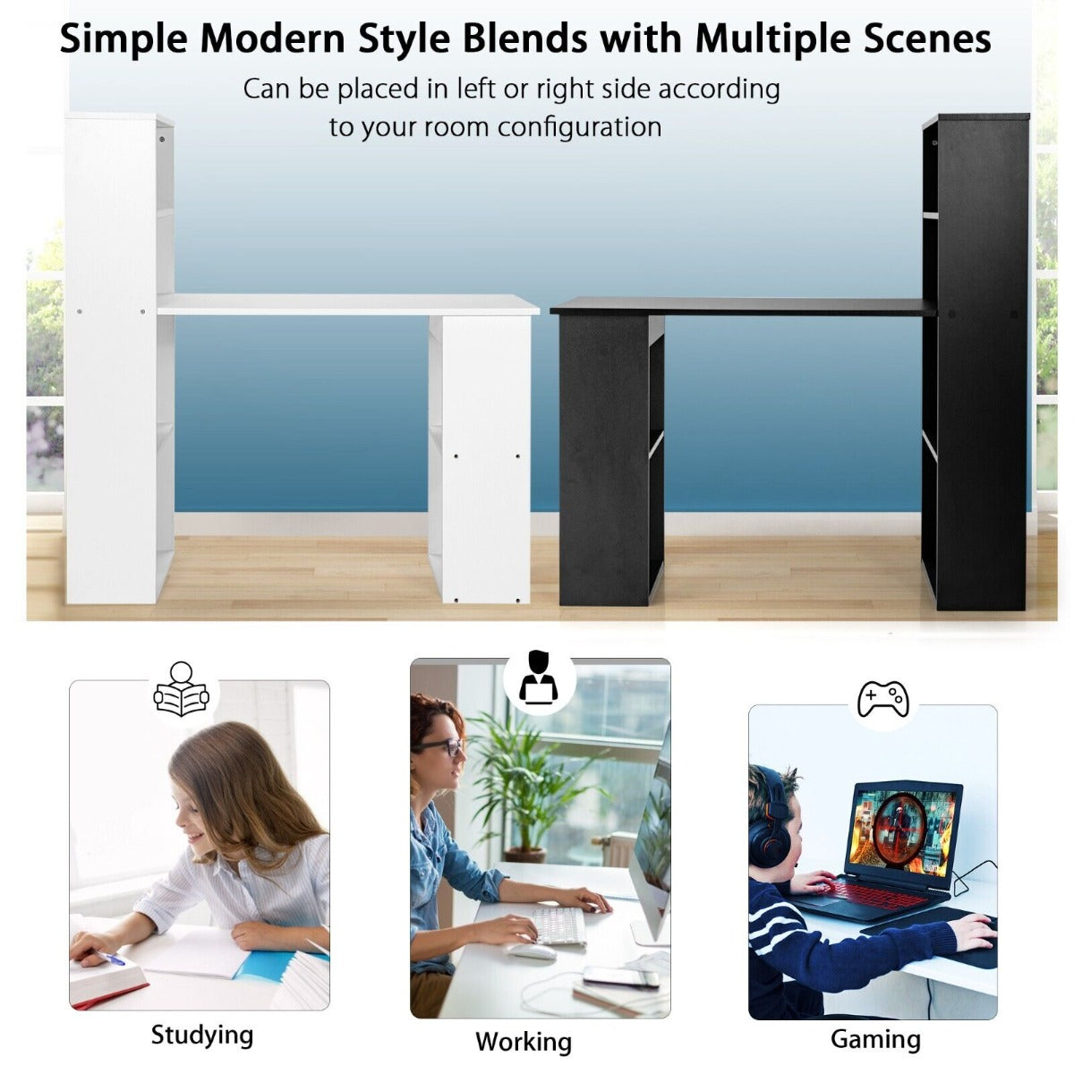 Modern 3-in-1 Wooden Computer Desk with 6-Tier Storage Bookshelves-Black, Costway, 7