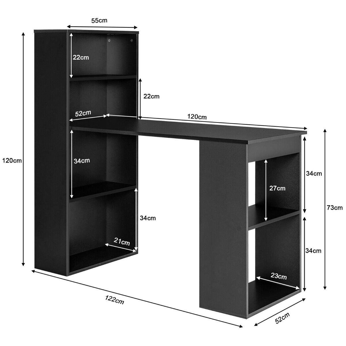 Modern 3-in-1 Wooden Computer Desk with 6-Tier Storage Bookshelves-Black, Costway, 4