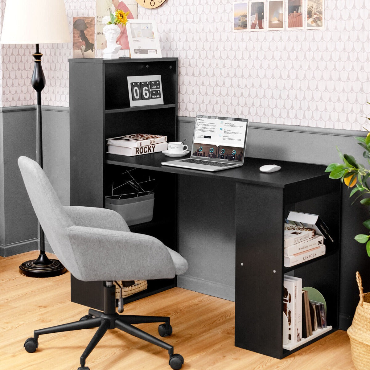 Modern 3-in-1 Wooden Computer Desk with 6-Tier Storage Bookshelves-Black, Costway, 3