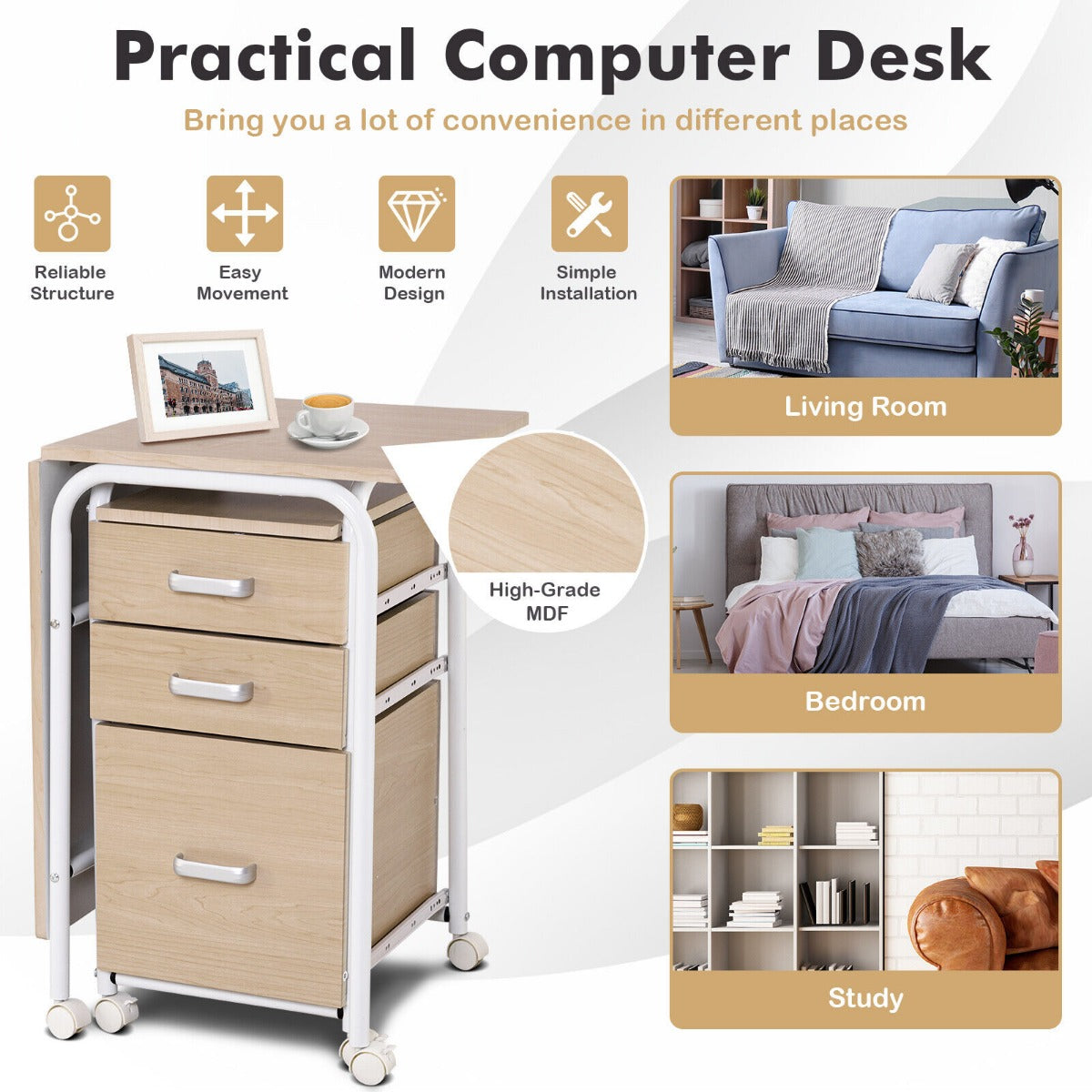 Folding Computer Desk with Rolling Wheels and 3 Drawers for Home Office-Natural, Costway, 6