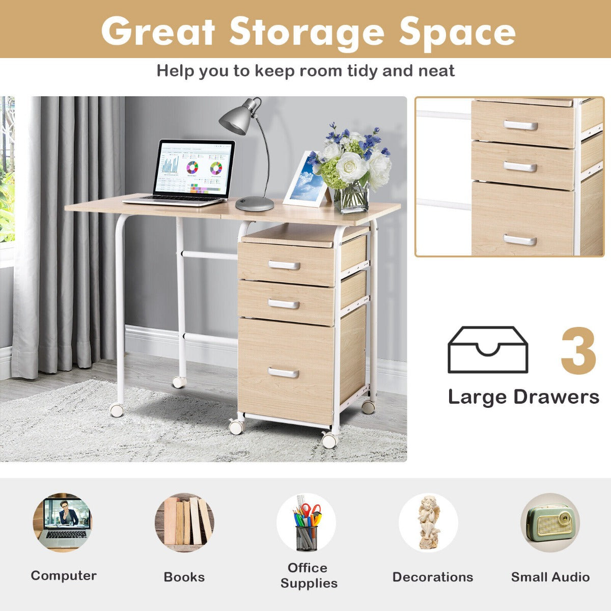Folding Computer Desk with Rolling Wheels and 3 Drawers for Home Office-Natural, Costway, 7