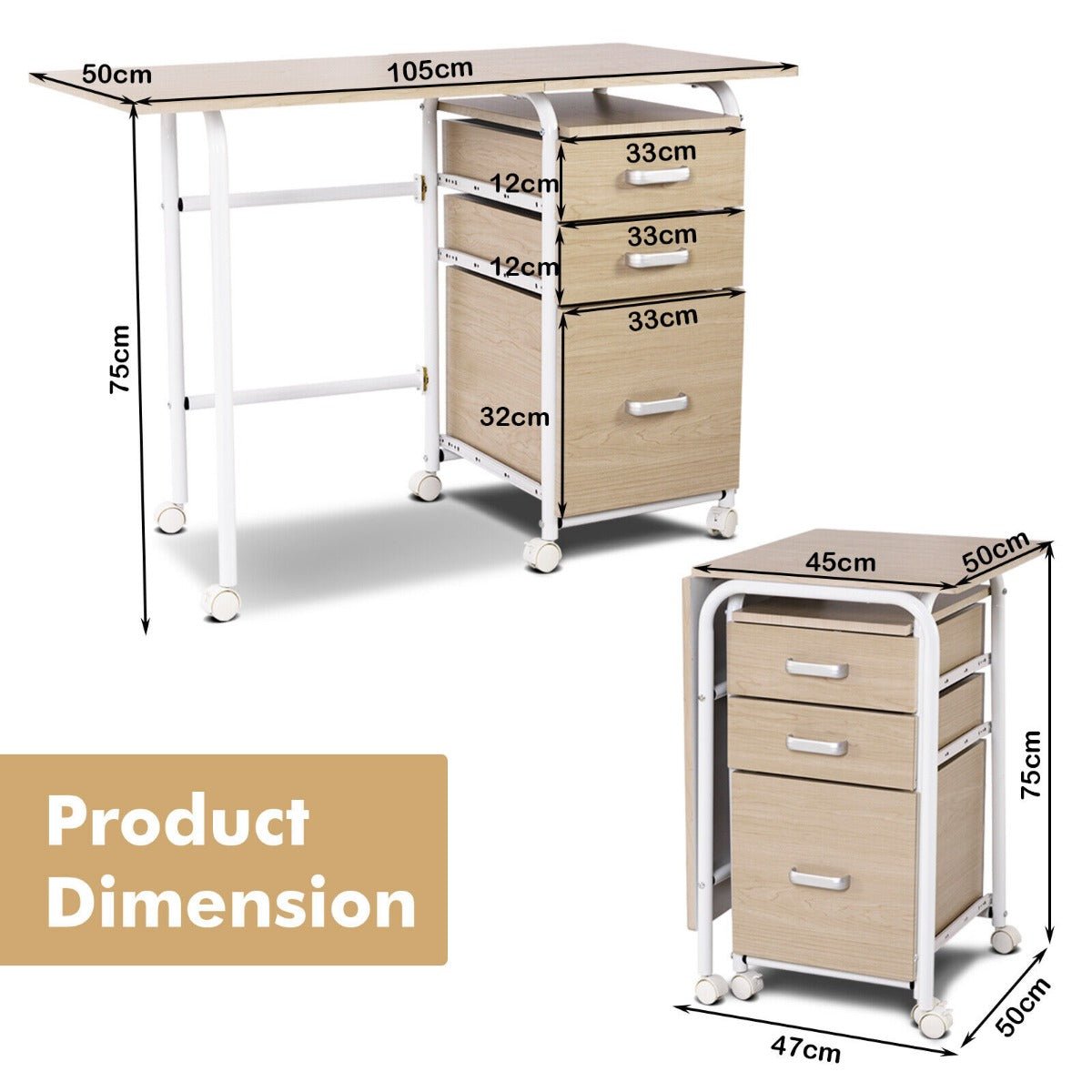 Folding Computer Desk with Rolling Wheels and 3 Drawers for Home Office-Natural, Costway, 5