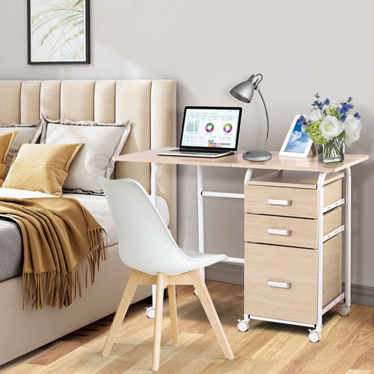 Folding Computer Desk with Rolling Wheels and 3 Drawers for Home Office-Natural, Costway, 2