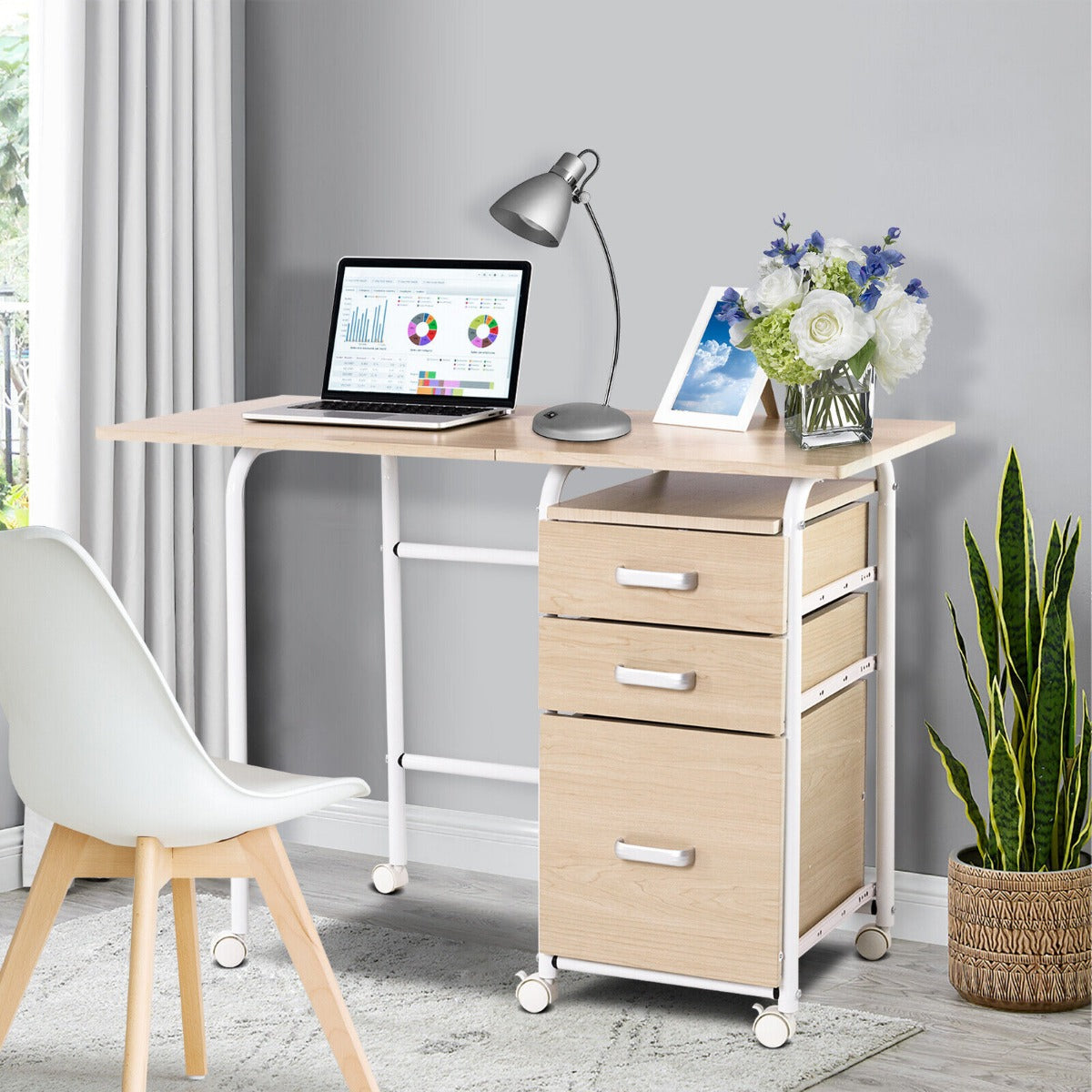 Folding Computer Desk with Rolling Wheels and 3 Drawers for Home Office-Natural, Costway, 3