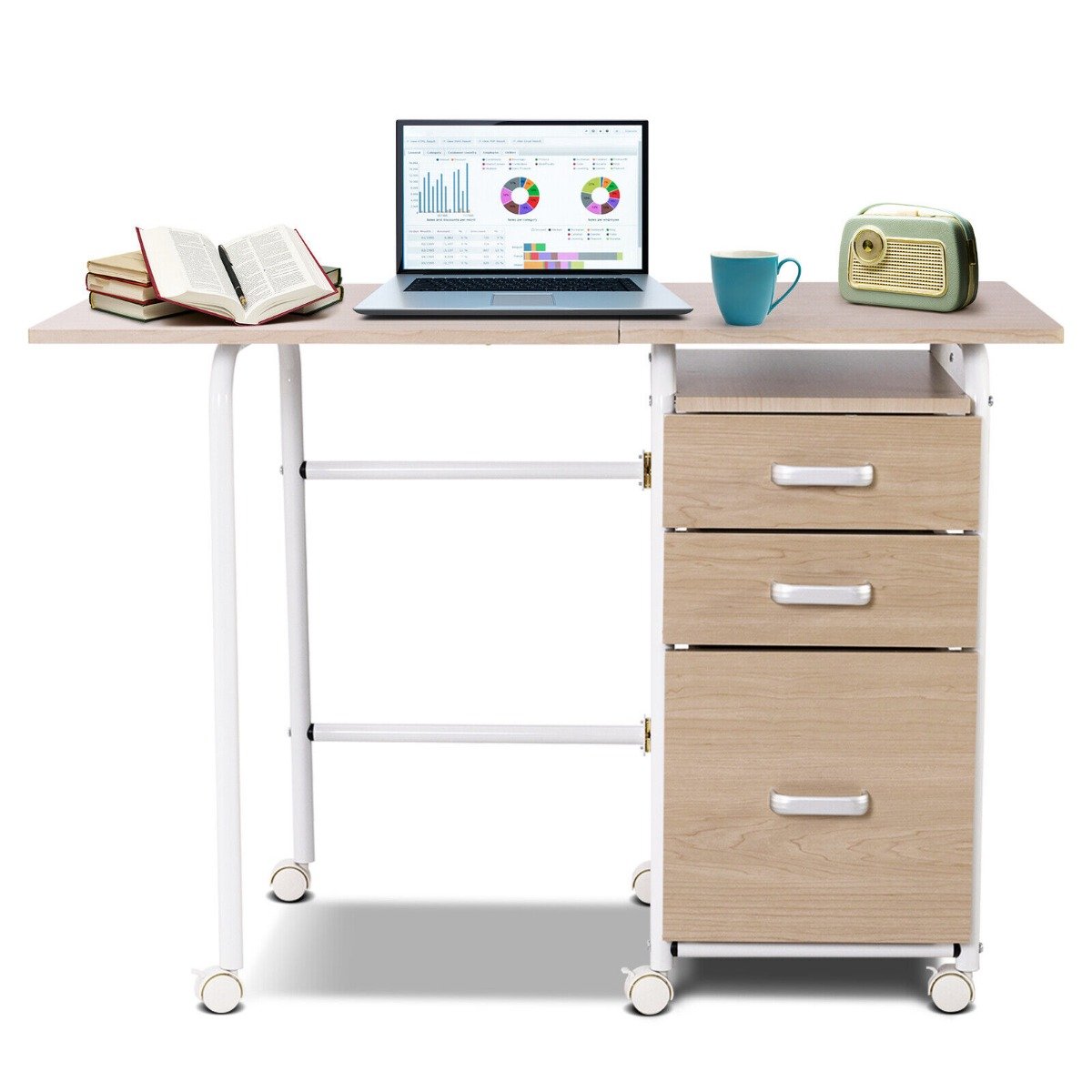 Folding Computer Desk with Rolling Wheels and 3 Drawers for Home Office-Natural, Costway, 4