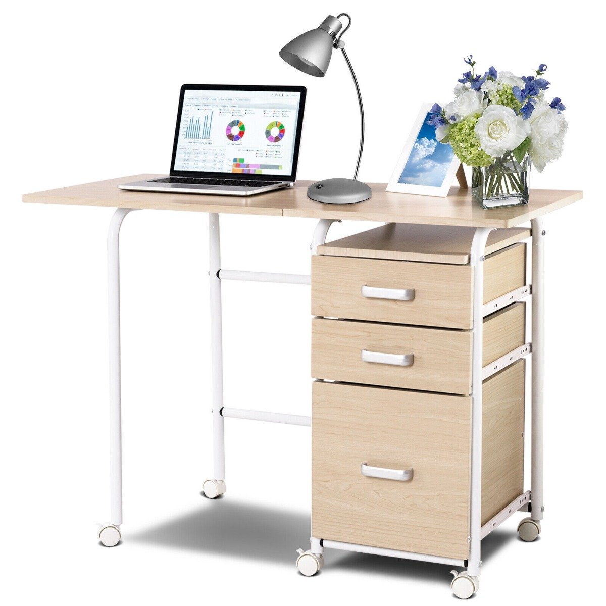 Folding Computer Desk with Rolling Wheels and 3 Drawers for Home Office-Natural, Costway, 1