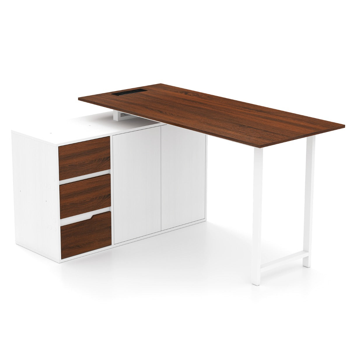 L-Shaped Desk with File Cabinet and Power Outlet-Natural and White, Costway, 1