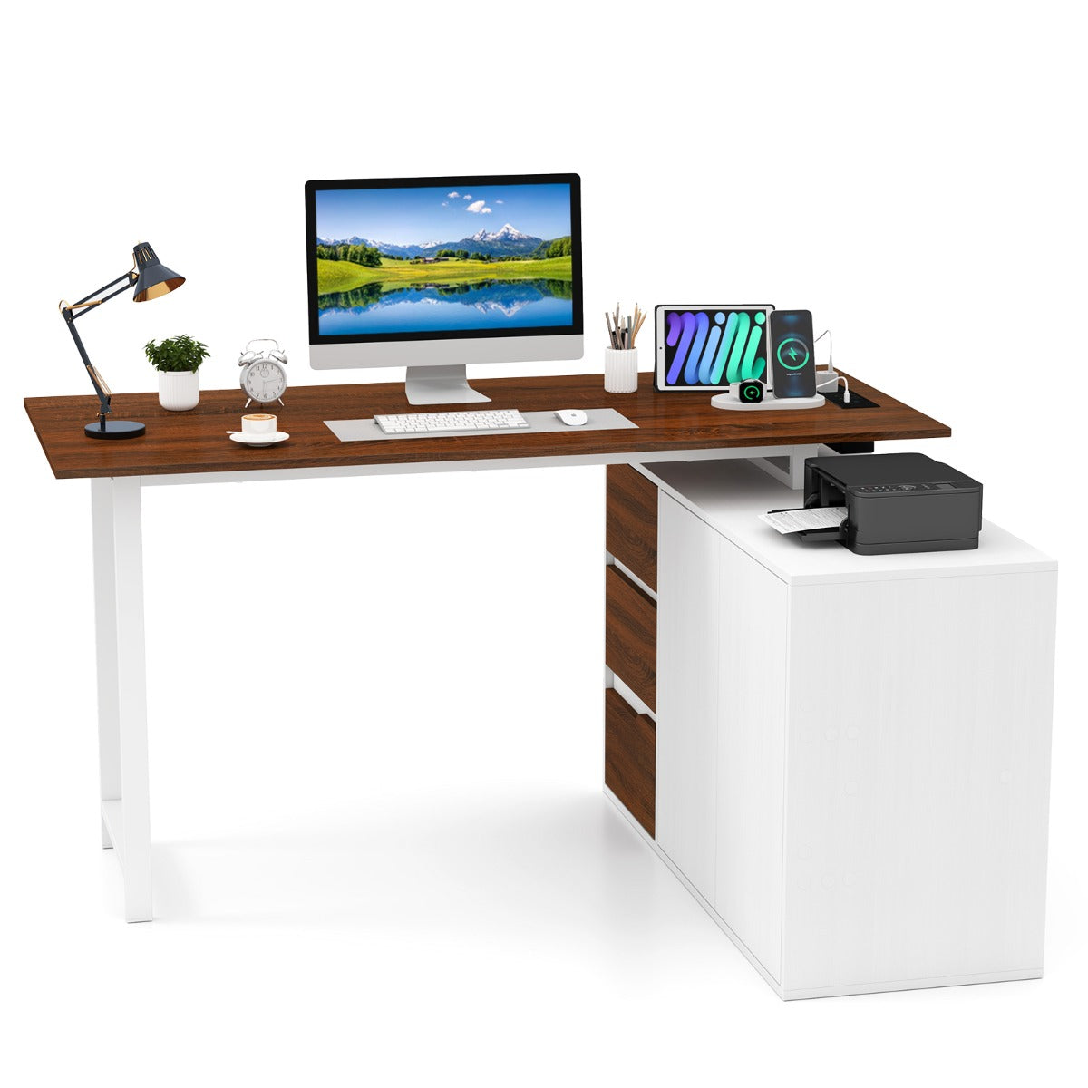 L-Shaped Desk with File Cabinet and Power Outlet-Natural and White, Costway, 4