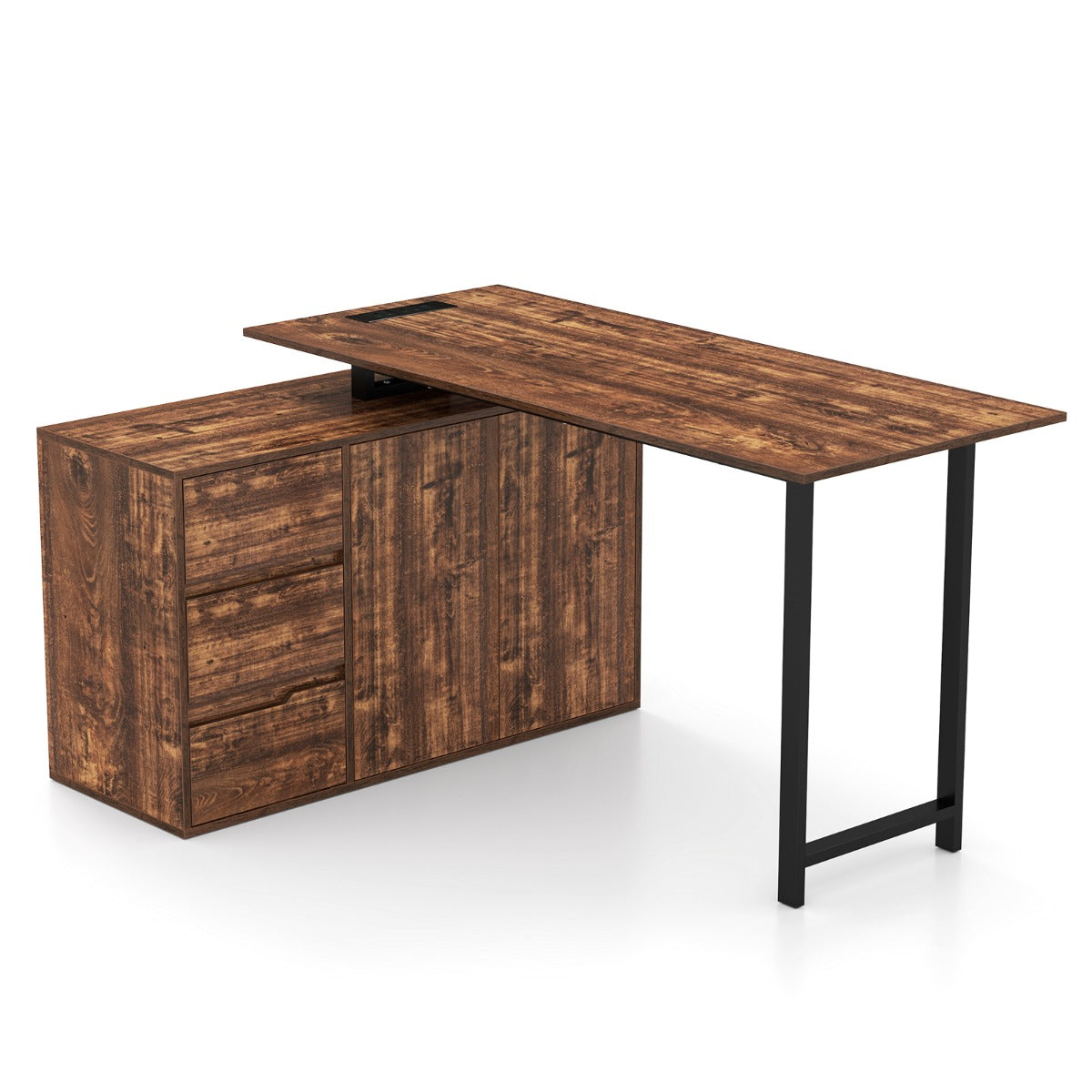 L-Shaped Desk with File Cabinet and Power Outlet-Black and Brown, Costway, 1