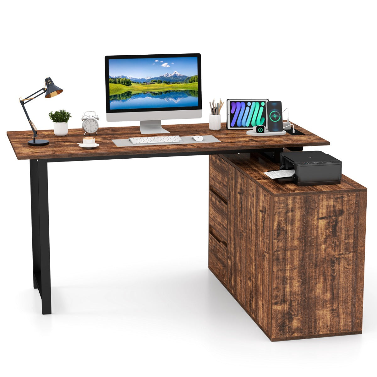 L-Shaped Desk with File Cabinet and Power Outlet-Black and Brown, Costway, 3