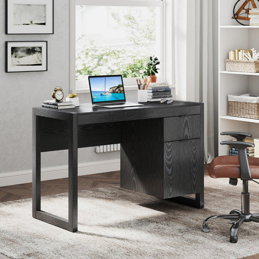 Wooden Computer Desk with Drawer and Cabinet-Black, Costway, 2