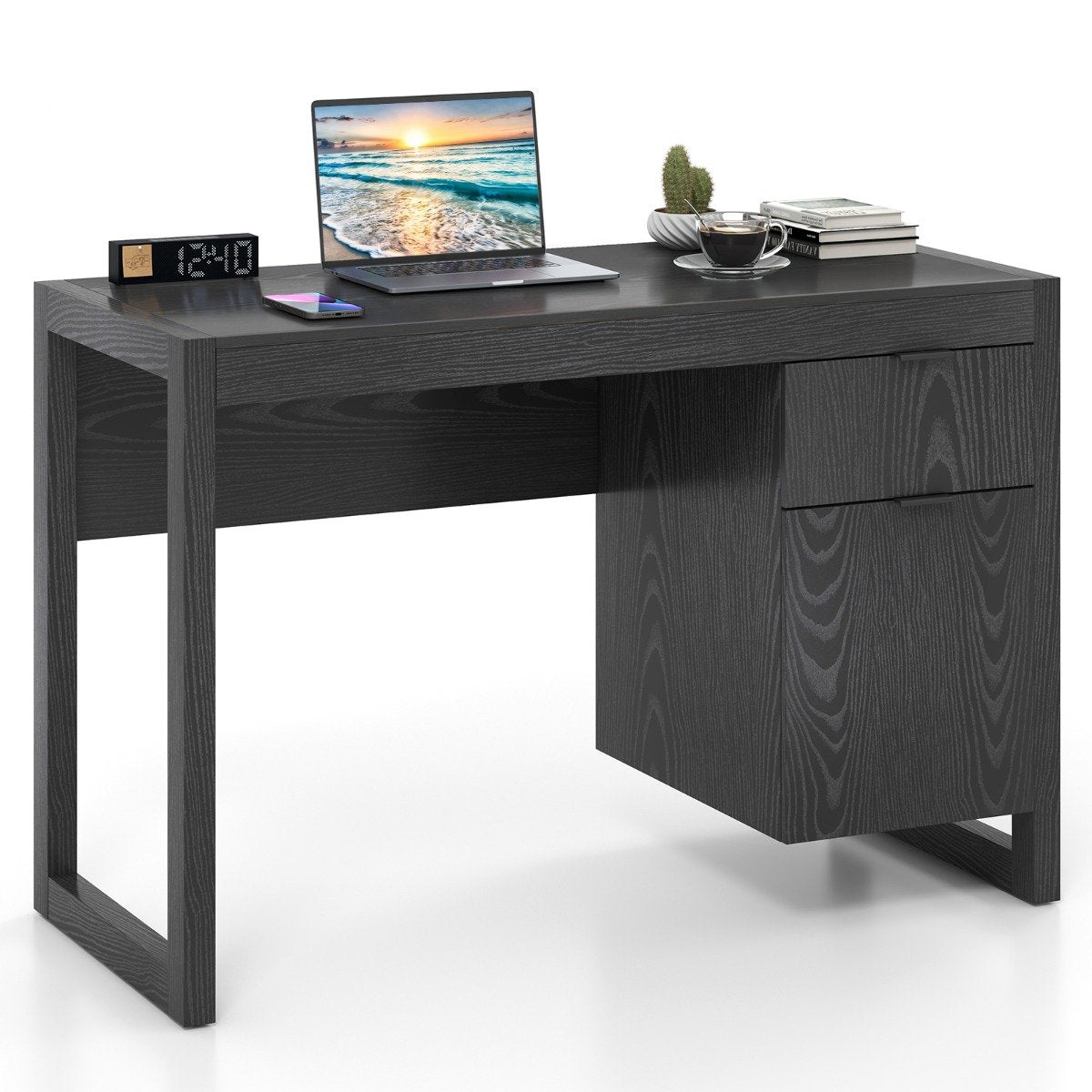 Wooden Computer Desk with Drawer and Cabinet-Black, Costway, 1