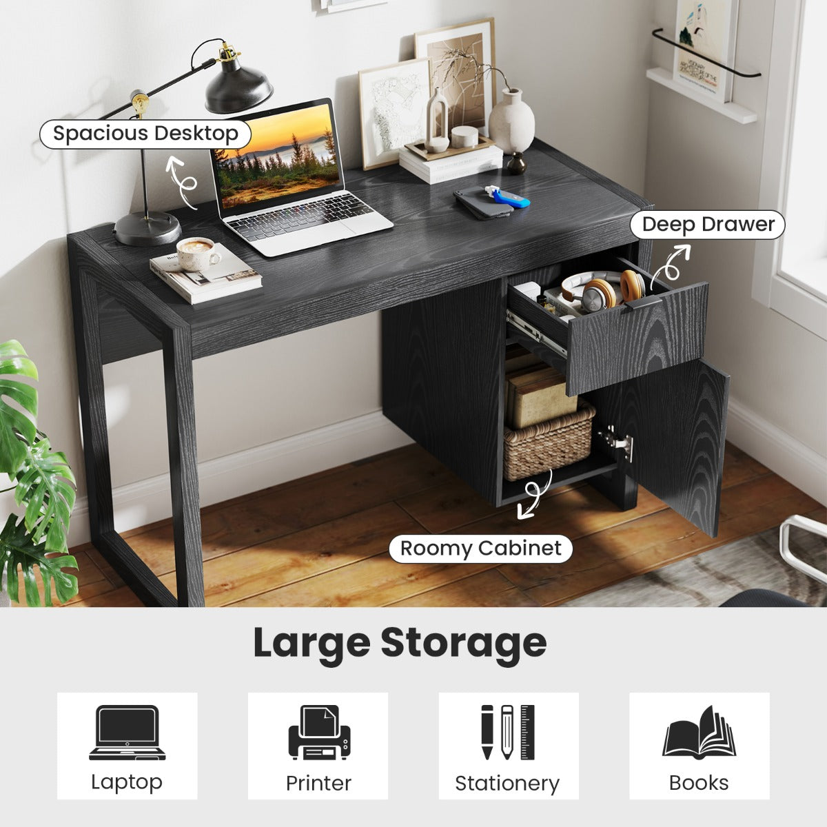 Wooden Computer Desk with Drawer and Cabinet-Black, Costway, 3