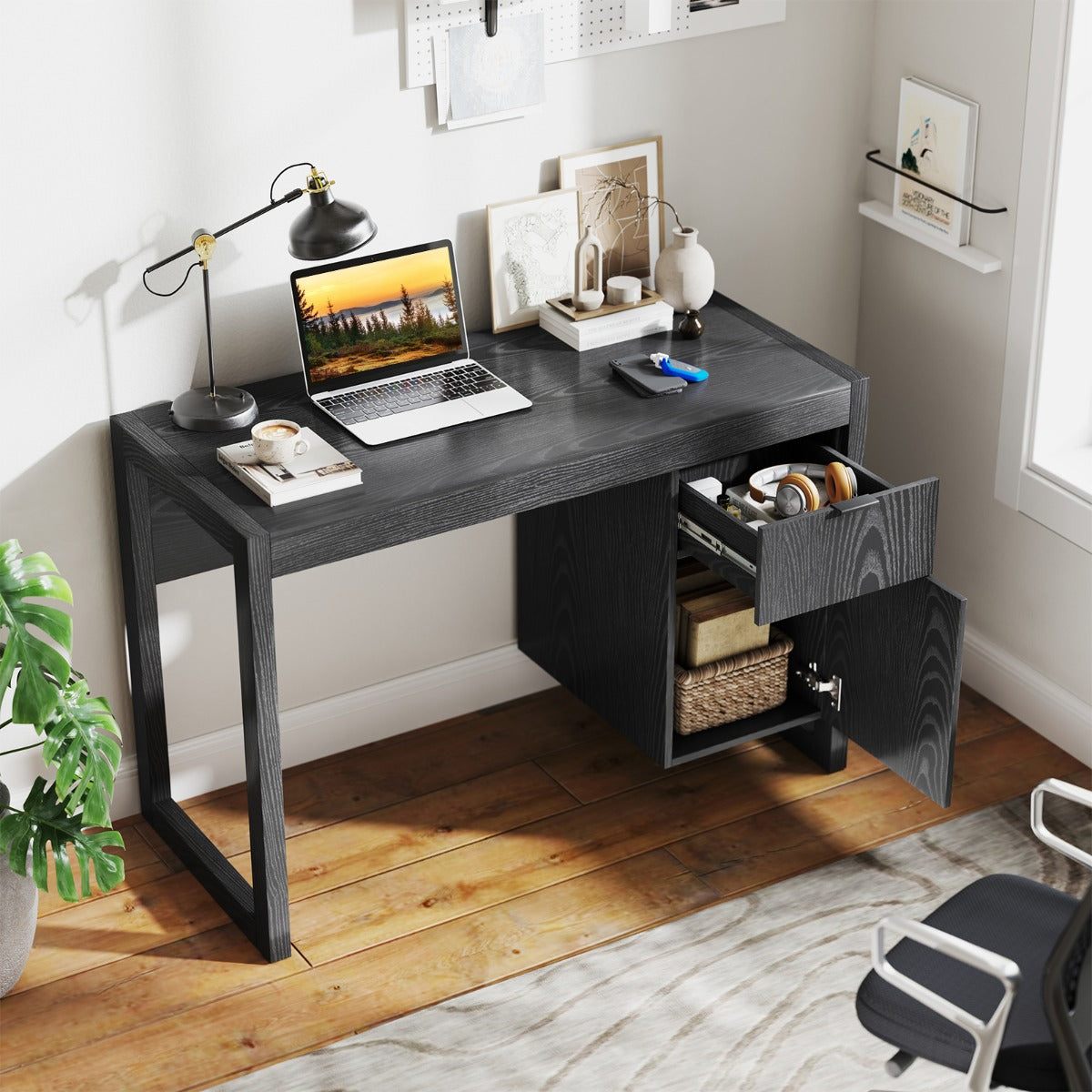Wooden Computer Desk with Drawer and Cabinet-Black, Costway, 6