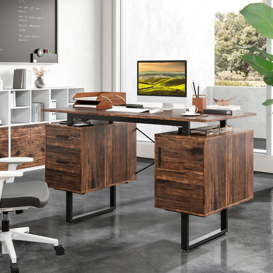 Computer Desk with Floating Desktop and Dual Drawers-Rustic Brown, Costway, 2