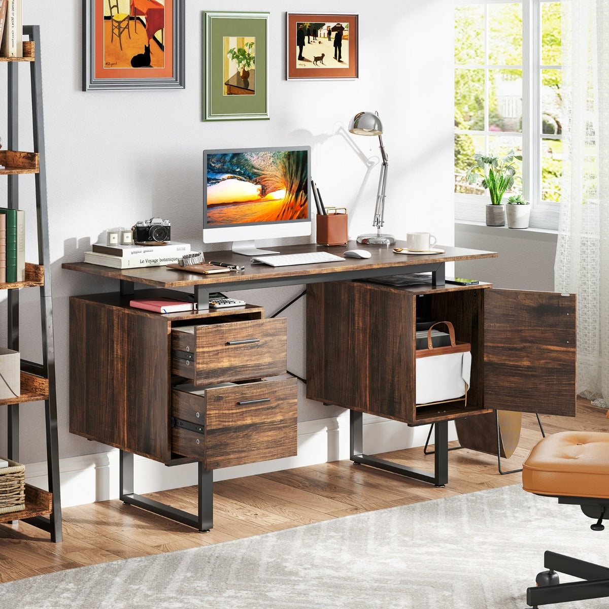 Computer Desk with Floating Desktop and Dual Drawers-Rustic Brown, Costway, 3