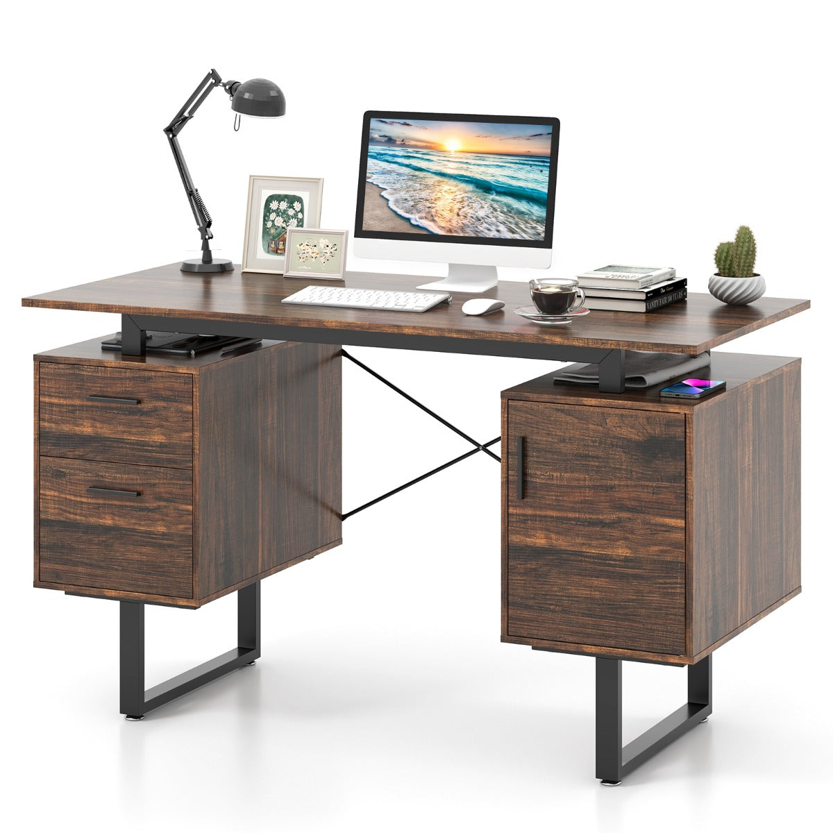 Computer Desk with Floating Desktop and Dual Drawers-Rustic Brown, Costway, 4