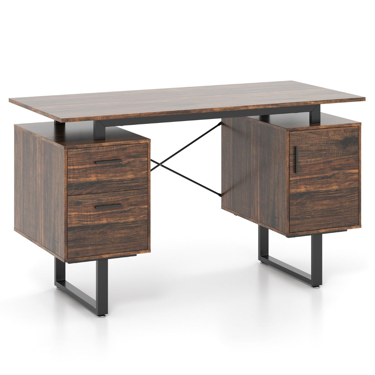 Computer Desk with Floating Desktop and Dual Drawers-Rustic Brown, Costway, 1