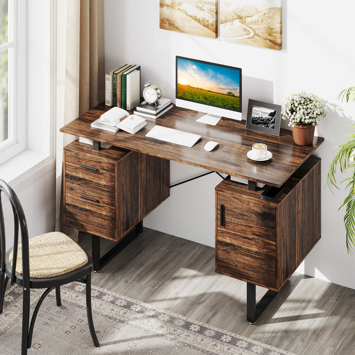 Computer Desk with Floating Desktop and Dual Drawers-Rustic Brown, Costway, 6