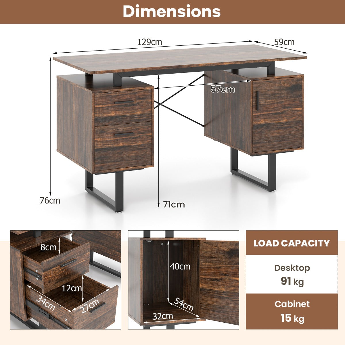 Computer Desk with Floating Desktop and Dual Drawers-Rustic Brown, Costway, 5