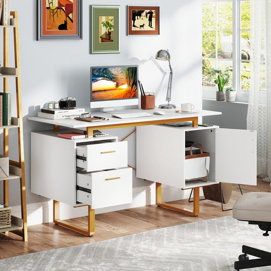Computer Desk with Floating Desktop and Dual Drawers-White, Costway, 2