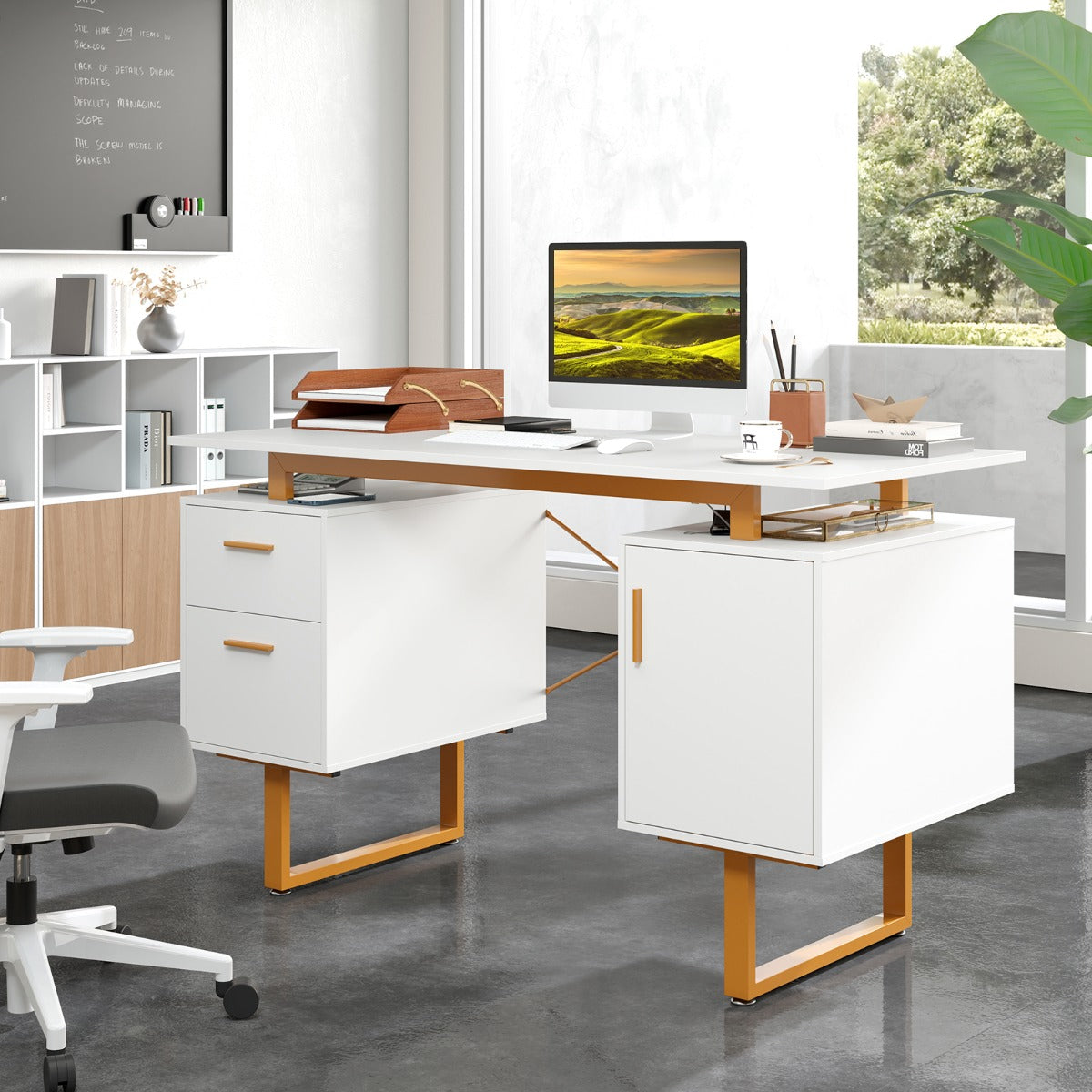 Computer Desk with Floating Desktop and Dual Drawers-White, Costway, 3