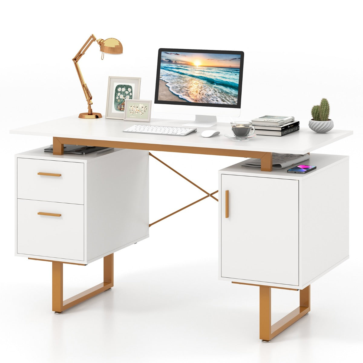 Computer Desk with Floating Desktop and Dual Drawers-White, Costway, 4
