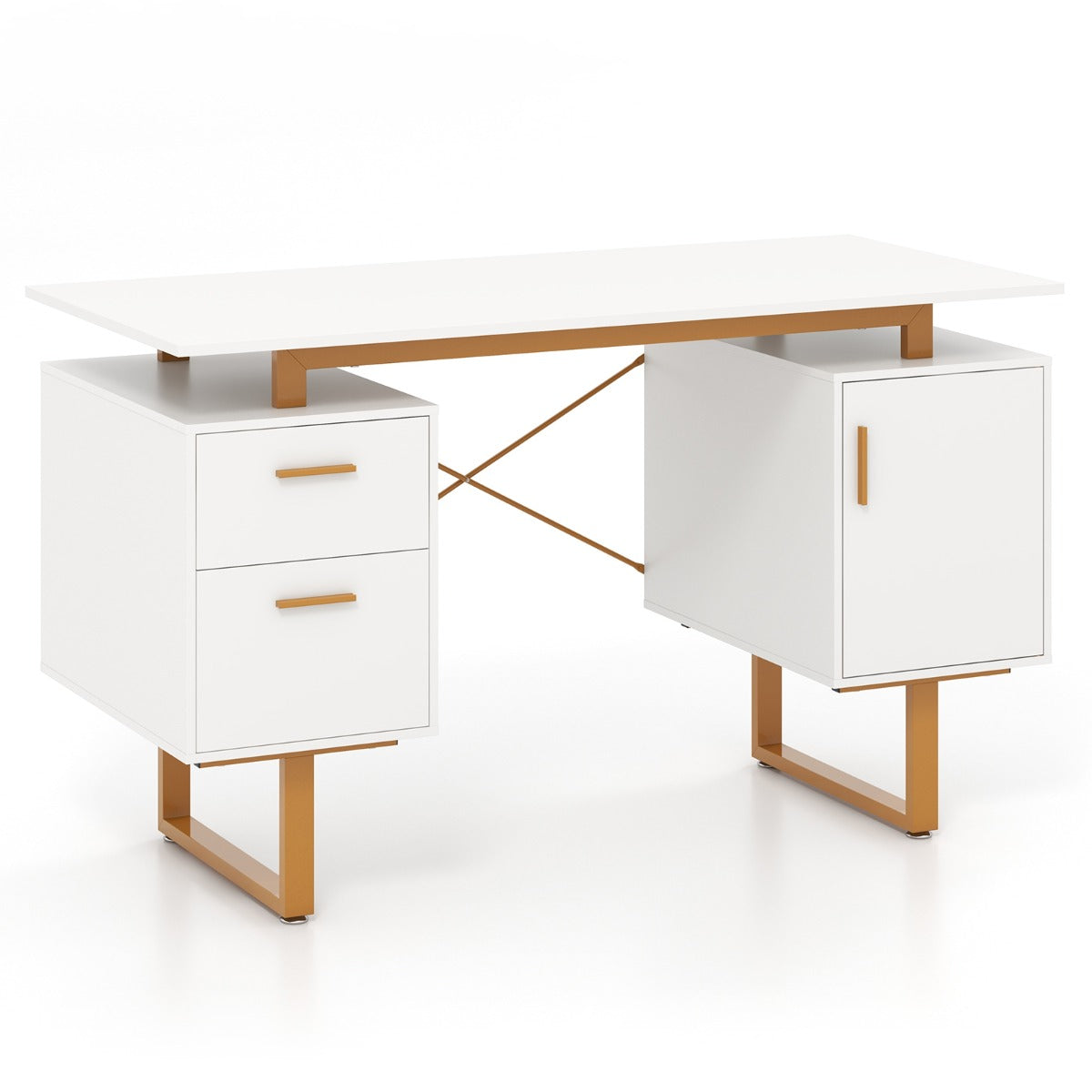 Computer Desk with Floating Desktop and Dual Drawers-White, Costway, 1