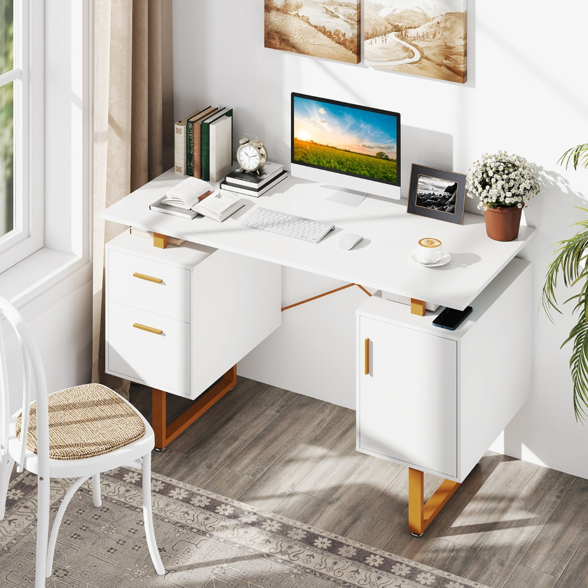 Computer Desk with Floating Desktop and Dual Drawers-White, Costway, 6