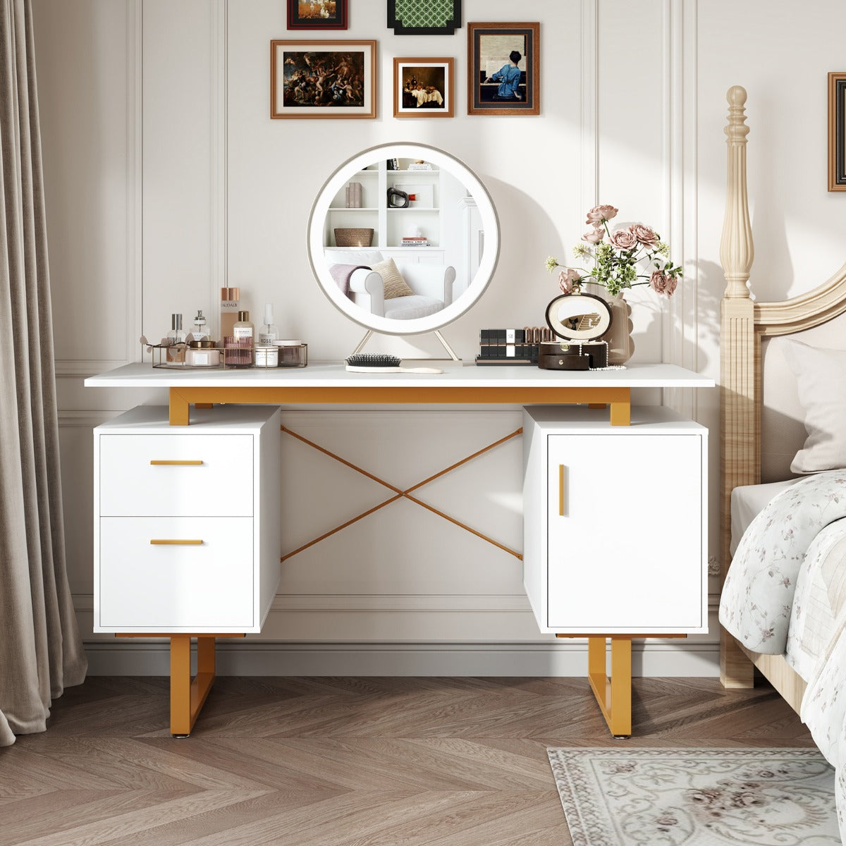Computer Desk with Floating Desktop and Dual Drawers-White, Costway, 7