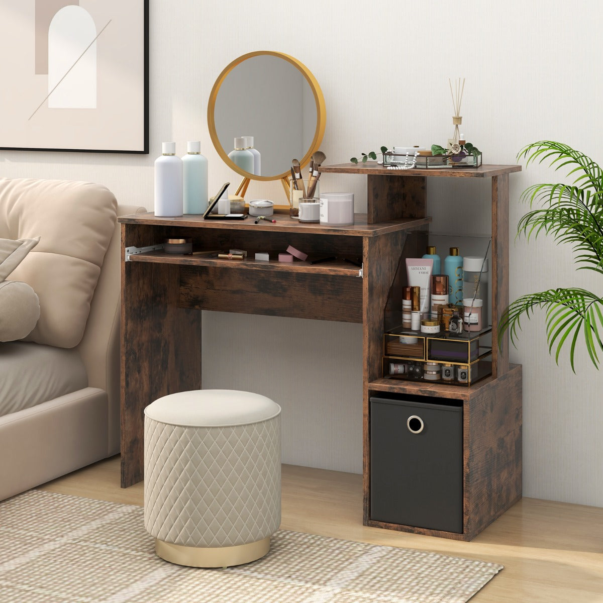 Space-saving Computer Desk with Open Shelf and Fabric Storage Drawer-Rustic Brown, Costway, 3