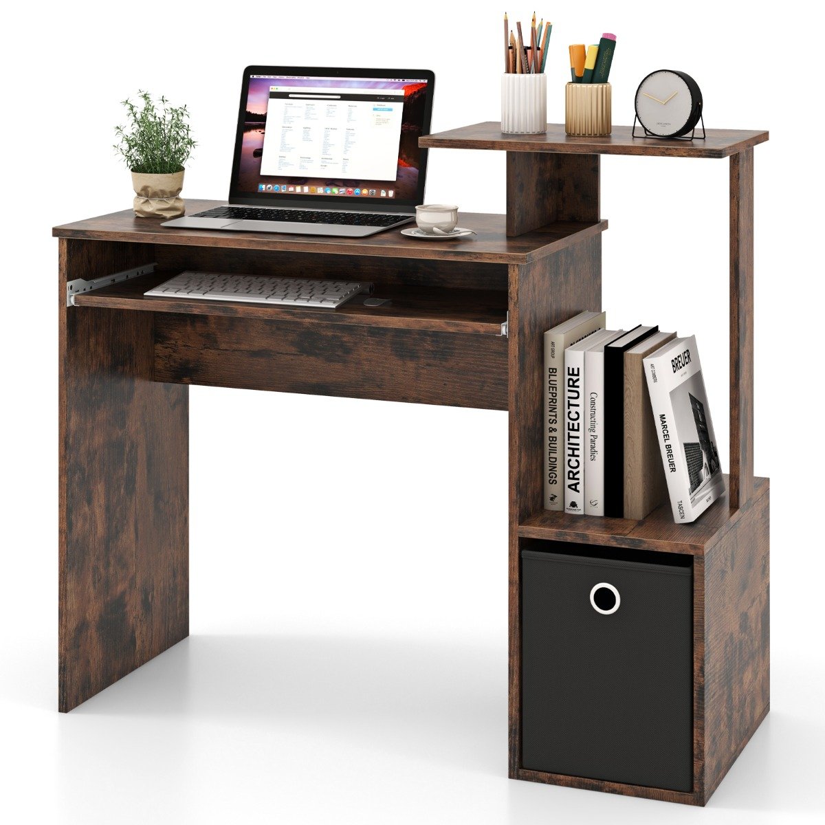 Space-saving Computer Desk with Open Shelf and Fabric Storage Drawer-Rustic Brown, Costway, 1