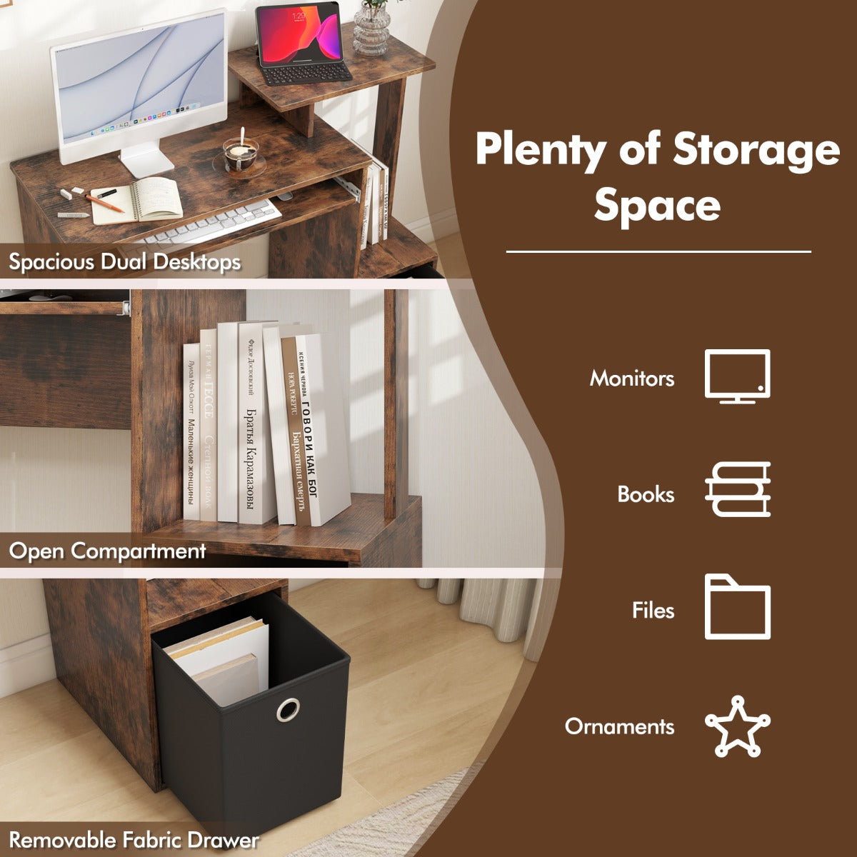 Space-saving Computer Desk with Open Shelf and Fabric Storage Drawer-Rustic Brown, Costway, 7