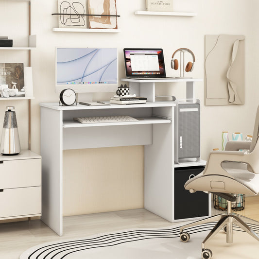 Space-saving Computer Desk with Open Shelf and Fabric Storage Drawer-White, Costway, 2