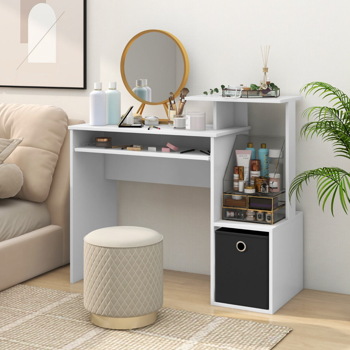 Space-saving Computer Desk with Open Shelf and Fabric Storage Drawer-White, Costway, 3