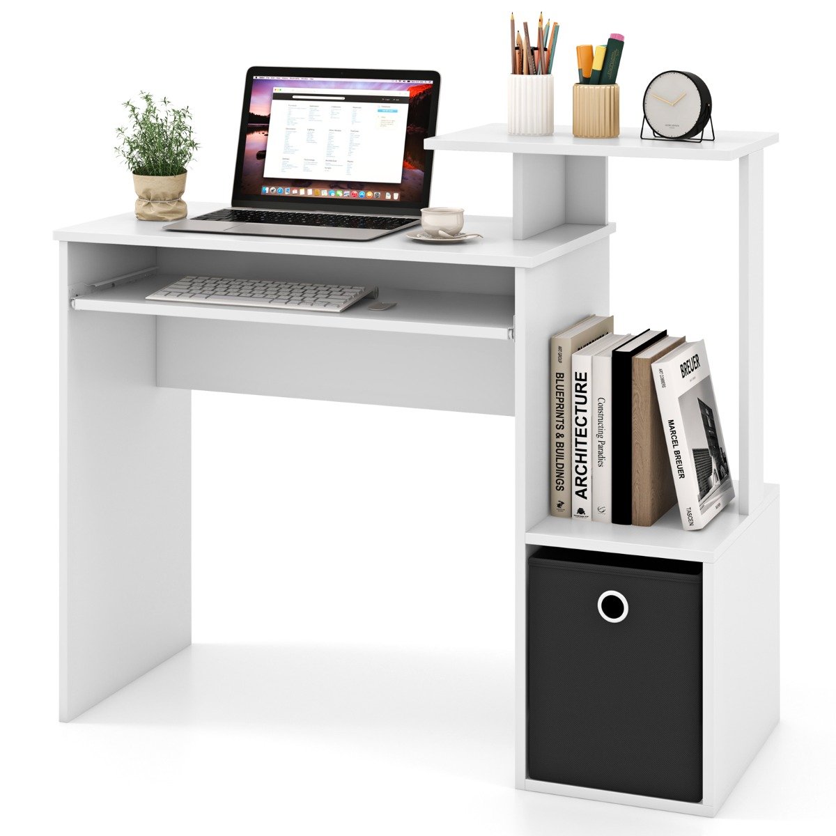 Space-saving Computer Desk with Open Shelf and Fabric Storage Drawer-White, Costway, 1