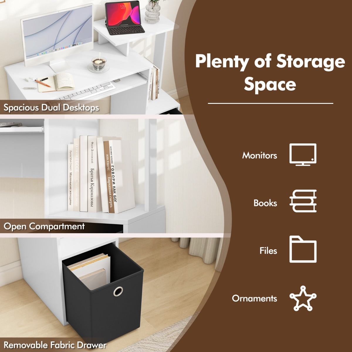 Space-saving Computer Desk with Open Shelf and Fabric Storage Drawer-White, Costway, 7